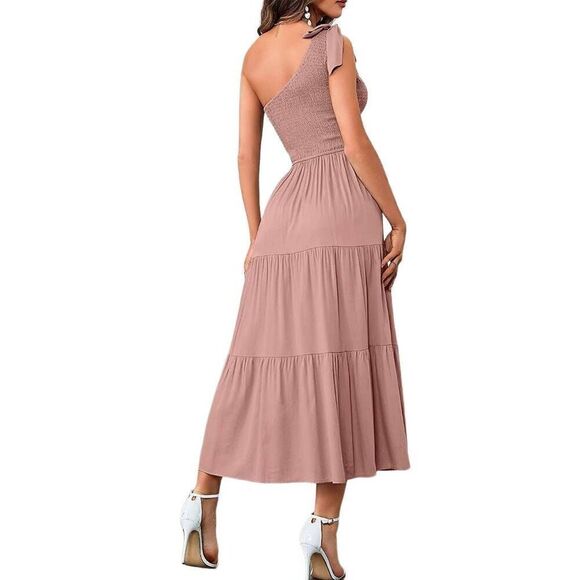 Merokeety Boho One Shoulder Side Split Tiered Smocked Midi Dress Size Small - Picture 2 of 9